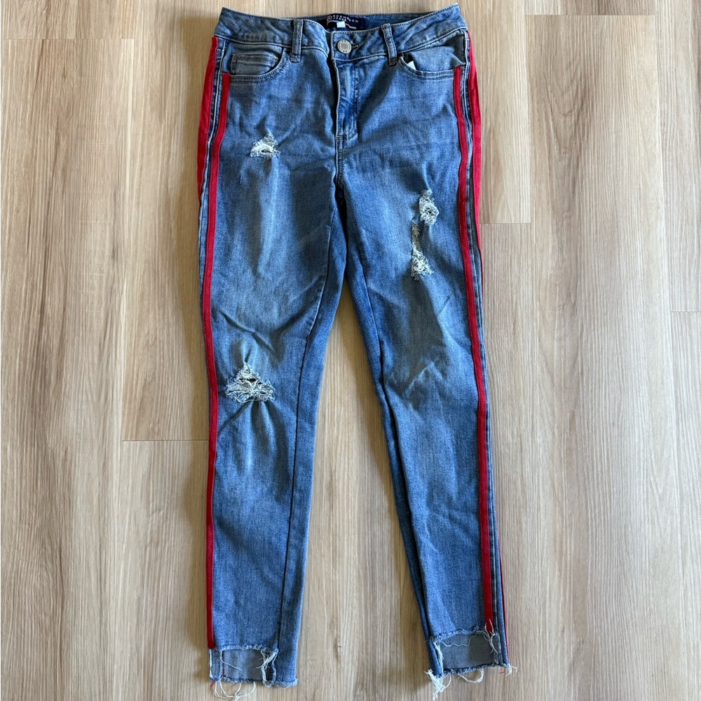 Boom Boom Jeans Distressed Skinny Jeans with Red Stripes